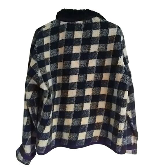 POLAND Y2K Trucker Fleece Camping Jacket Sz M BLACK WHITE Sherpa Checkered VNTG - Picture 4 of 7
